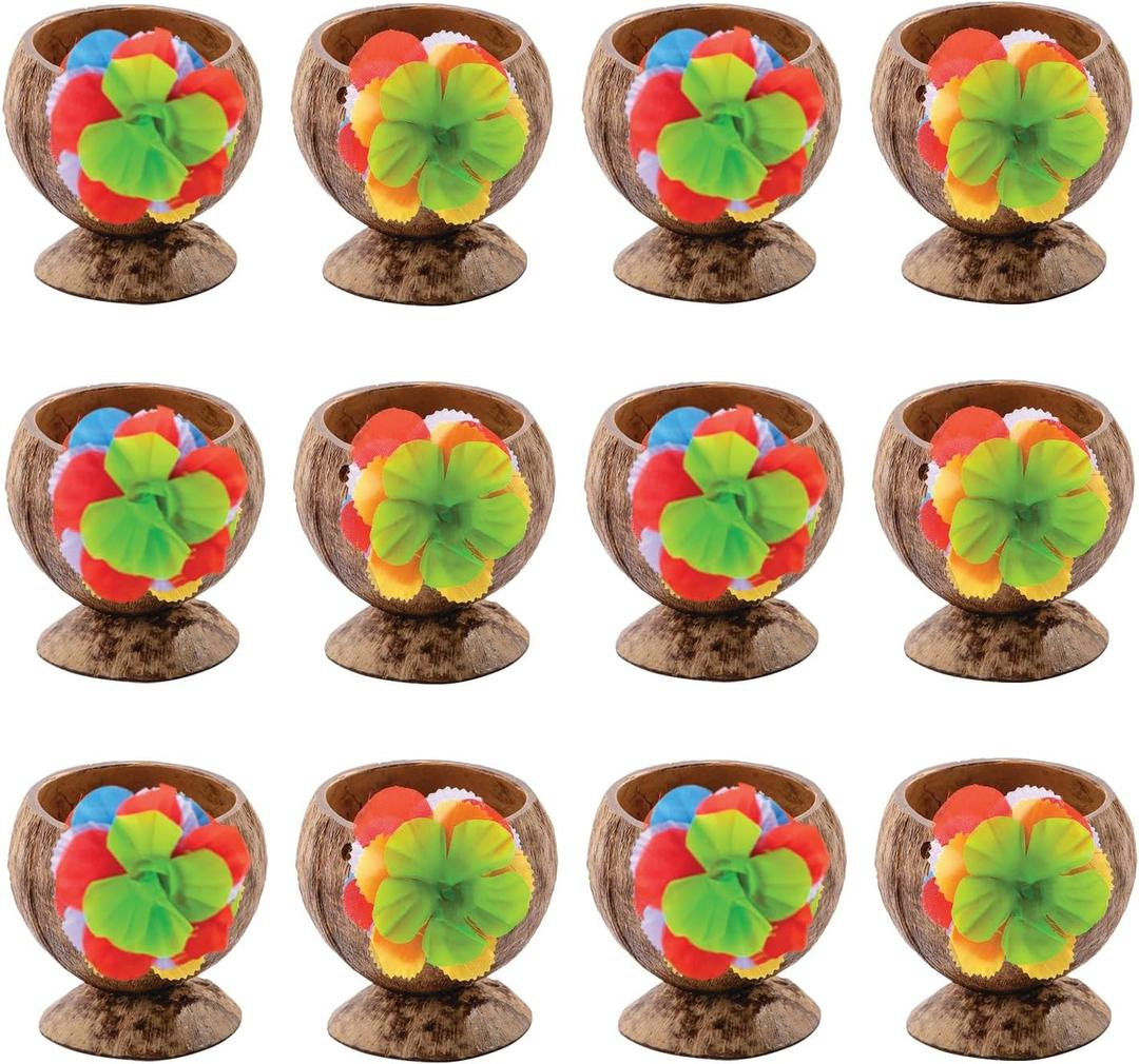 Fun Express Coconut Cups for Party 12 Pack - Natural Coconut Shell Cups with Colorful Flowers | Hawaiian Luau Party Supplies & Tiki Party Decorations | Tropical Theme Favor Holders for Candy Buffet