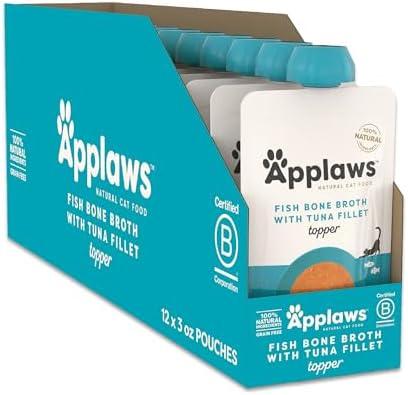 Applaws Tuna Bone Broth Cat Food Topper 12-Pack 3 oz Pouches | Lickable, Natural Source of Hydration & Collagen, Limited Ingredient, Grain Free, High Quality, No Artificial Additives Exp. 02/17/2028