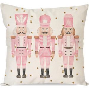 PANDICORN Christmas Pillow Cover 18x18 Inch Pink Nutcracker Christmas Decor Outdoor Xmas Party Decorations Winter Holiday Pastel Decorative Throw Pillow Case for Home Living Room Bedroom Sofa Couch