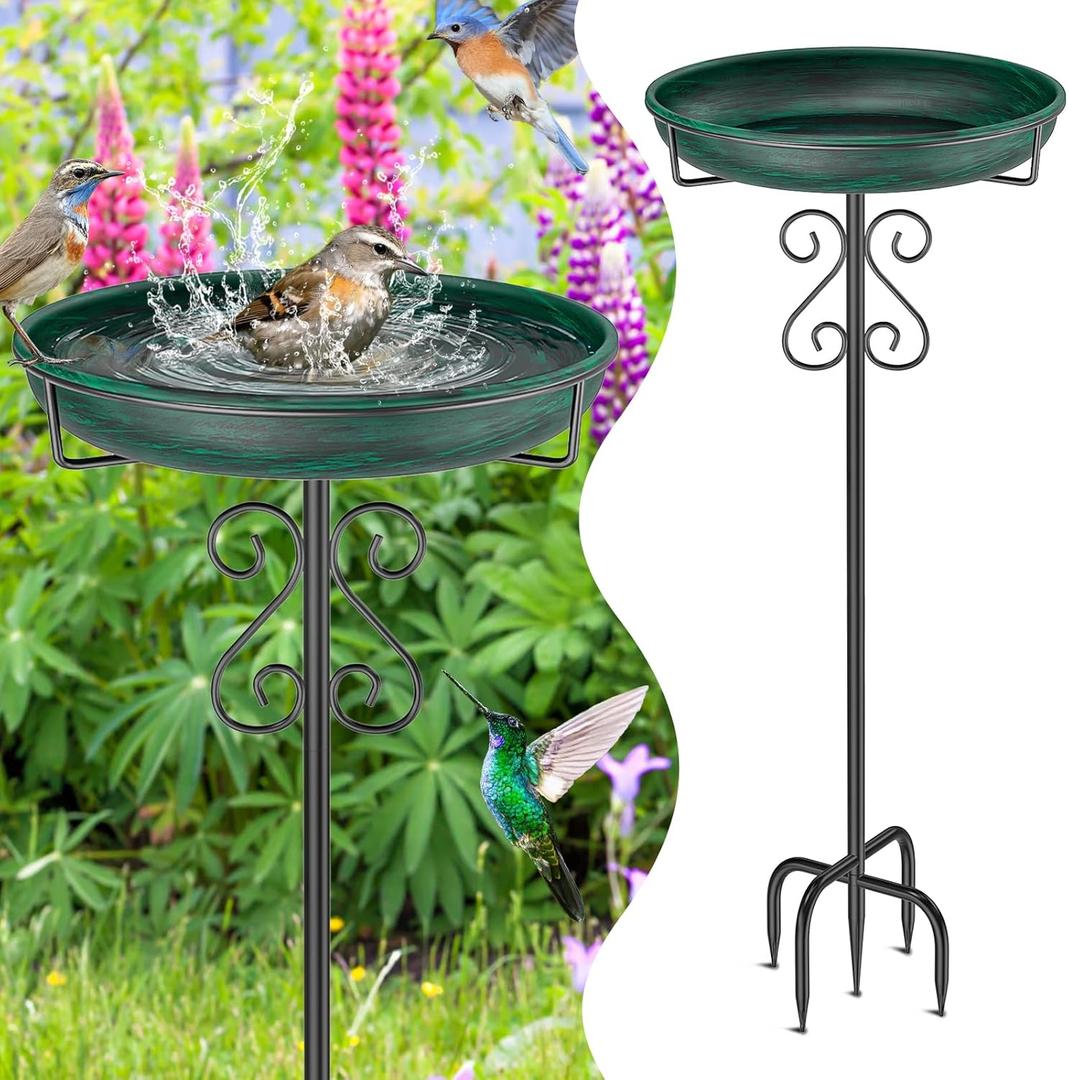 Metal Bird Bath for Outside,Bird Baths Feeder Bowl with 5 Prongs Base Stake,Freestanding BirdBaths for Outdoors Garden Patio Yard Lawn Decor (Vintage Green)