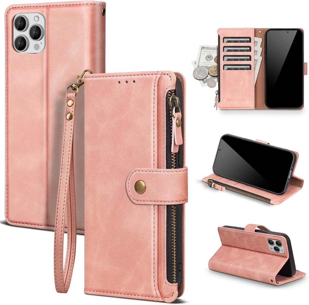 Compatible with iPhone 12 Pro Wallet Case with Card Holder RFID Blocking Zipper Poket PU Leather Flip Phone Case with Wrist Strap Credit Card Slots Men Women,for Apple 12 6.1",Rose Pink