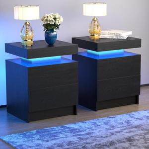 LED Nightstands Set of 2, Modern Black Night Stand End Tables with APP & Remote Control LED Lighting, 2 Drawers, Open Shelf Storage, Bedside Tables for Bedroom and Living Room, 20" x 20" x 14"