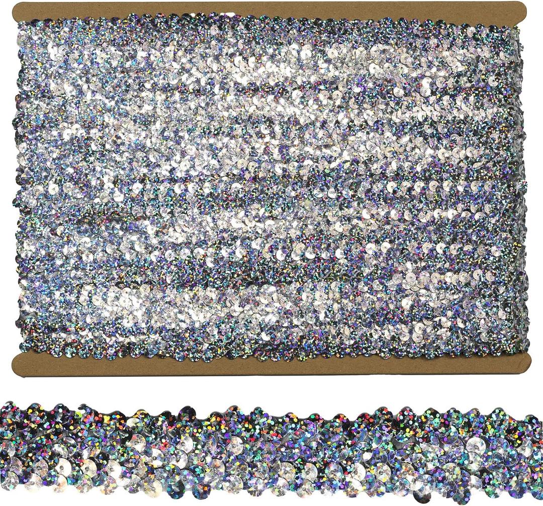 Sequin Ribbon Trim Polyester Braided Ribbon 10 Yards 30mm Wide Lace Trim for Sewing Crafts Clothing Curtains Accessories Lampshade Home DIY Decoration (Shining Silver, 30mm Wide)