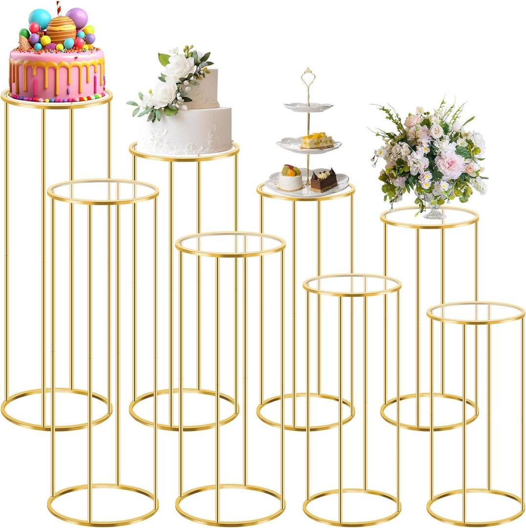 Geelin 8 Pcs Cylinder Pedestal Stands for Parties 35.4/31.5/27.6/23.6 Inch Gold Metal Cilindro para Fiestas Cake Pedestal Plant Cylinder Stands for Vases Flowers Wedding Birthday Party Decorations, Gold 