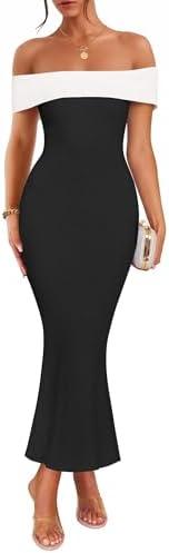 ZESICA Women's 2025 Summer Off The Shoulder Ribbed Knit Sweater Dresses Sleeveless Color Block Party Bodycon Maxi Dress, L