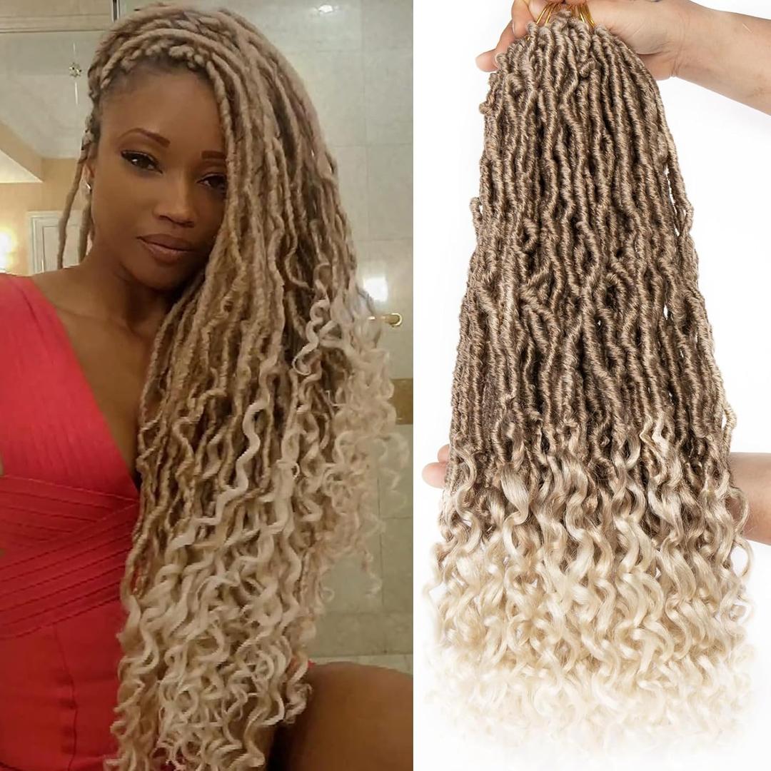 Leeven 18 Inch 7 Packs Goddess Faux Locs Crochet Hair Ombre Blonde Soft Locs Crochet Braids Hair With Curly Ends 27613# Synthetic Bohemian Locs Braiding Hair for Women 12 Strands/Pack