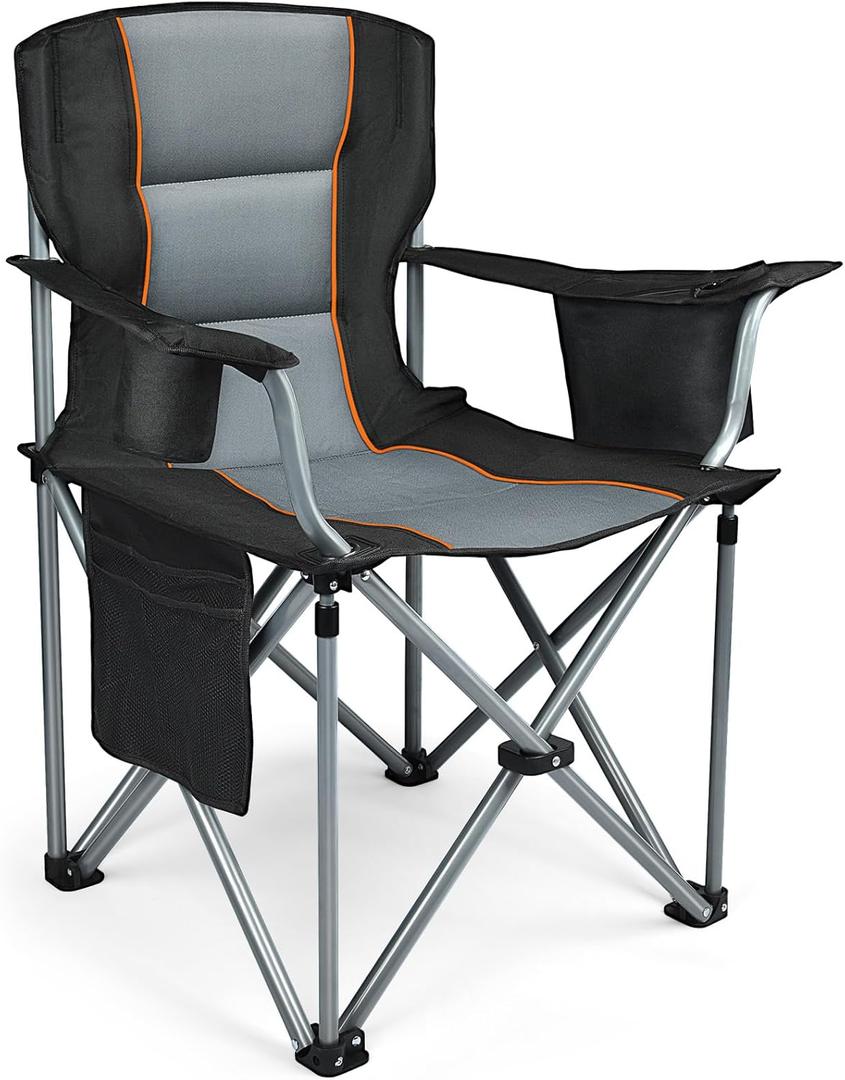 Camping Chairs for Adults Heavy Duty, Oversized Fully Padded Folding Chairs for Outside with Cup Holder, Cooler Bag and Side Pocket, Support 400 Lbs, Versatile for Sports,Outdoors & Lawns (Black-1pack)