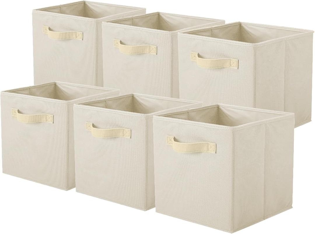 PowerKing Collapsible Storage Cubes with Handles, Fabric Foldable Bins for Closet Shelves, Durable Organization Storage Bins, 10.5'' x 11'' x 10.5'', 6 Pack, Cream