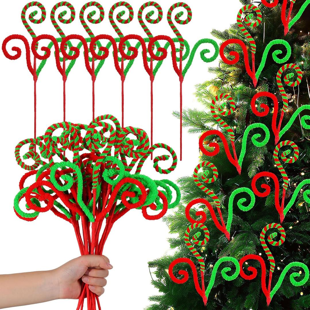 Knitgrip 12 Pcs Christmas Tree Topper Red and Lime Green Furry Christmas Tree Picks 15.75 Inch Green Fur Curly Stems Christmas Tree Ornament for Xmas Tree Topper Filler Branch Wreath Home Decor