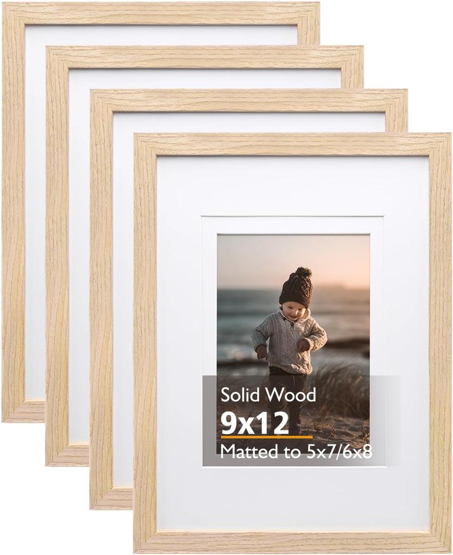 KINLINK 9x12 Picture Frames Natural, Solid Wood Frames with Acrylic Plexiglass for Pictures 5x7/ 6x8 with Mat or 9x12 without Mat, Tabletop and Wall Mounting Display, Set of 4