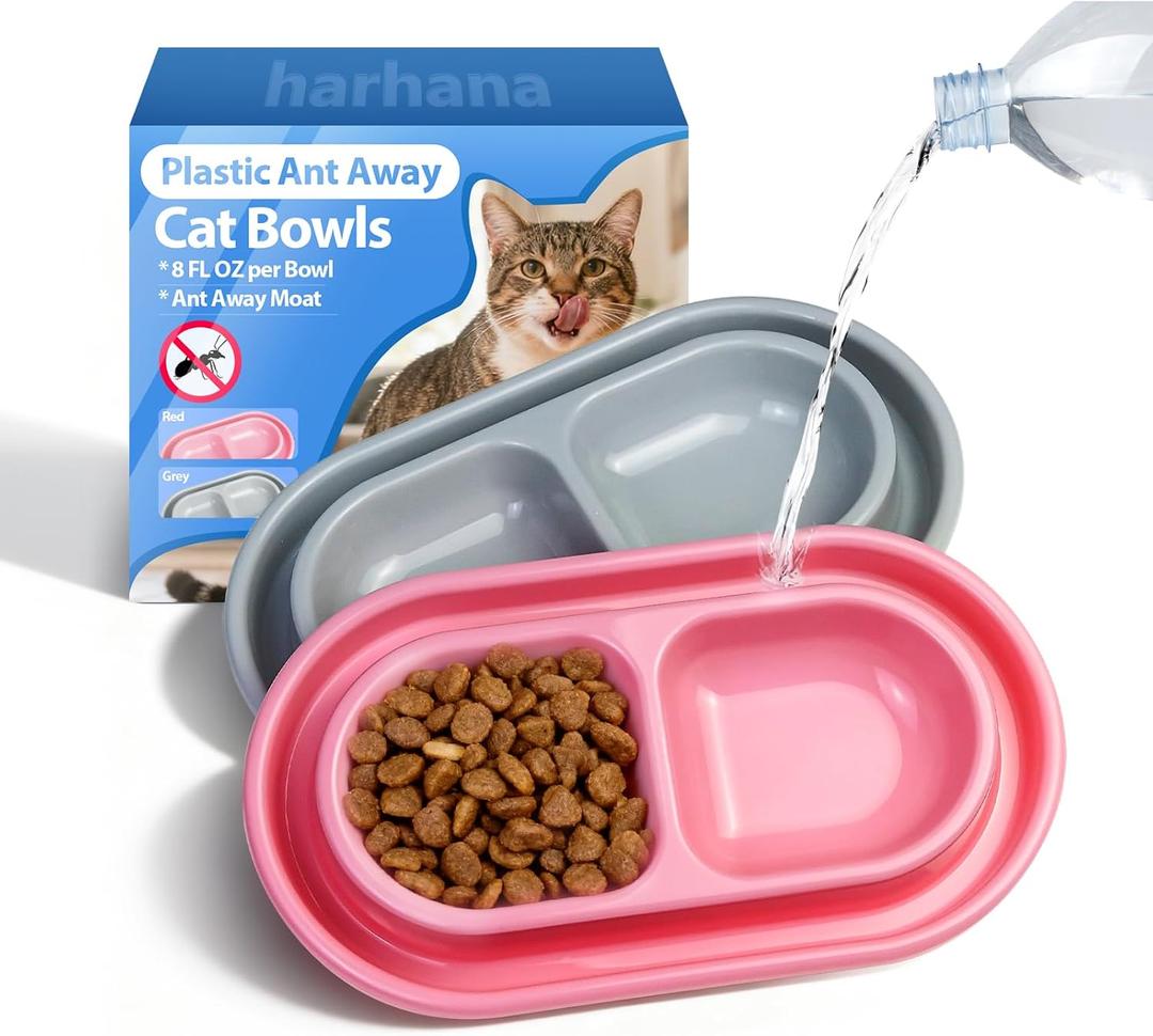 Ant Away Outdoor Cat Bowl, Double Pet Bowl with Water Moat, Spill-Proof Design, Food & Water Feeder for Outdoor Cats Ants Away, Easy Clean, Lightweight Plastic(Small, 2 Packs)