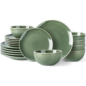 AmorArc Ceramic Dinnerware Sets for 6, 18 Pieces Handpainted Plates and Bowls Set, Scratch Resistant Stoneware Dishes Set, Dishwasher & Microwave Safe, Jade Green