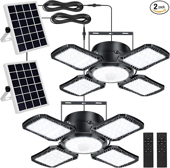 Aqonsie Solar Shed Light Outdoor Indoor, 176LED Solar Powered Motion Sensor Pendant Light Daytime, Solar Indoor Lights with 5 Lighting Modes & Remote for Shed Gazebo Barn Garage, 2 Pack