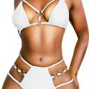 EJsoyo Womens Sexy Thong Bikini Swimsuits String Push up Padded Bathing Suit 2 Piece Cheeky Swimwear with Metal Ring, 1-white, Small