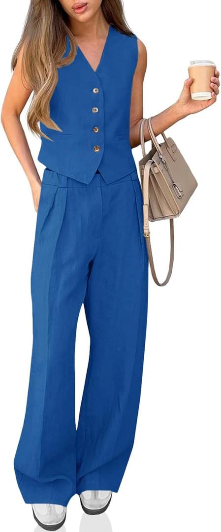 Cicy Bell Women's 2 Piece Outfits Crop Vest and Wide Leg Suit Pants Sets V Neck Blazer Suit (Large, Royal Blue)