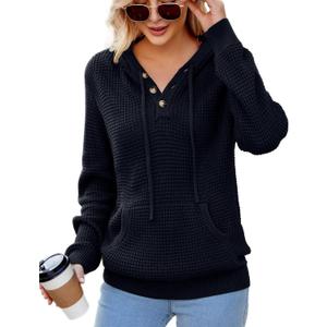 VIMPUNEC 2025 Fall Womens Hoodies Oversized Casual Fashion Sweaters Long Sleeve V Neck Knit Pullover Tops (Large, B Black)