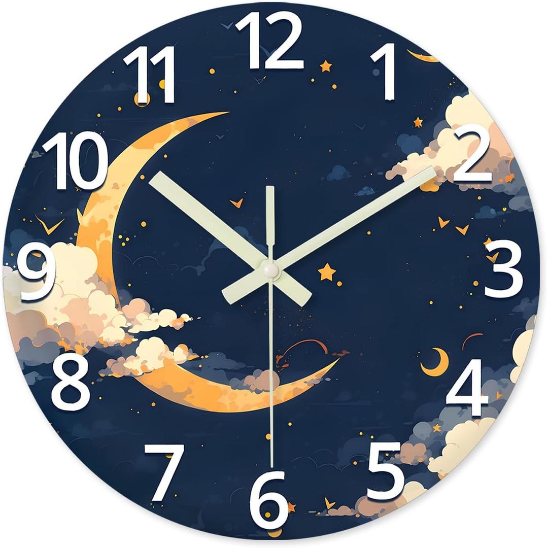 Moon Battery Powered Clock Analog 12 Inch Round Glow in The Dark Wall Clock for Kids Bedroom Small Wall Clock Silent (Blue4)