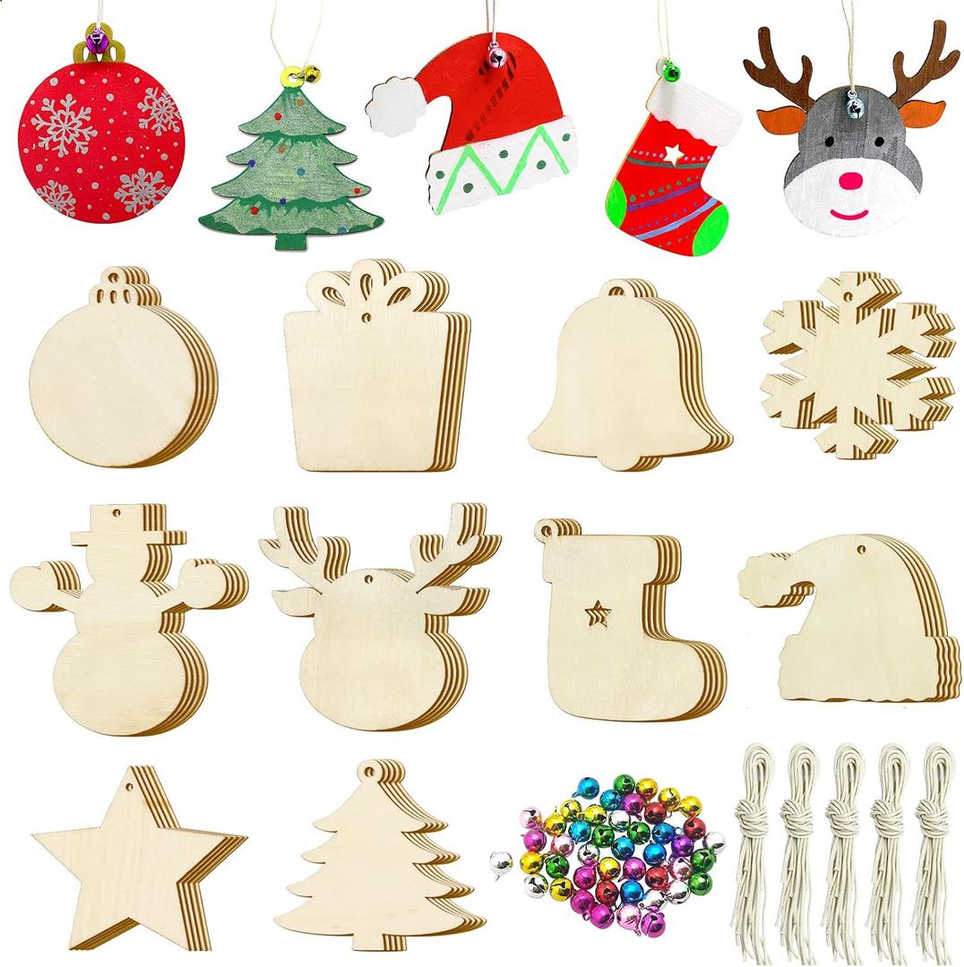Pseutio 50 PCS Unfinished Wooden Christmas Ornaments DIY Christmas Wooden Slices with 50 Jingle Bells for Crafts Christmas Hanging Decorations (10 Shapes)