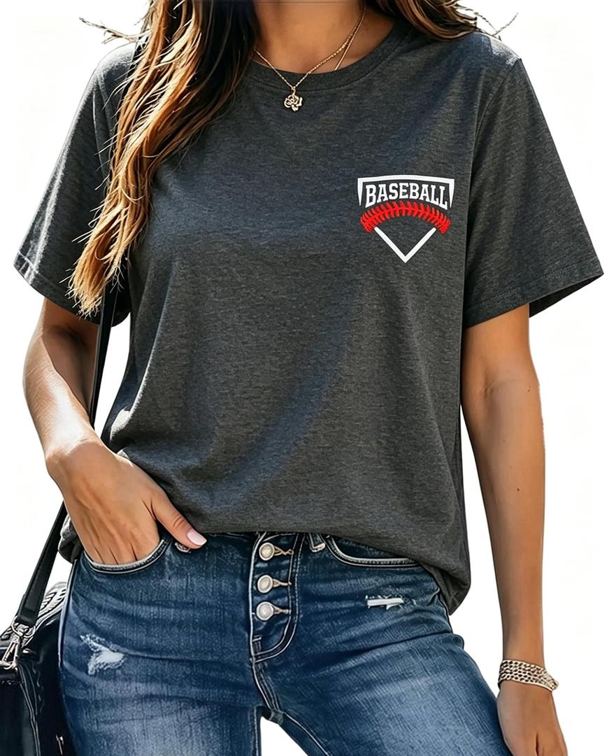 Baseball Shirts Women Softball Game Day T-Shirt Baseball Graphic Tee Tops Casual Short Sleeve T-Shirt Dark Grey