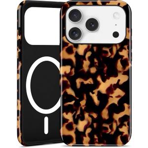 Magnetic Tortoise Shell Phone Case for iPhone 15, Compatible with MagSafe, Cute Brown Aesthetic Leopard Print Soft TPU and Hard PC Shockproof Protective Phone Cover for Women Girls