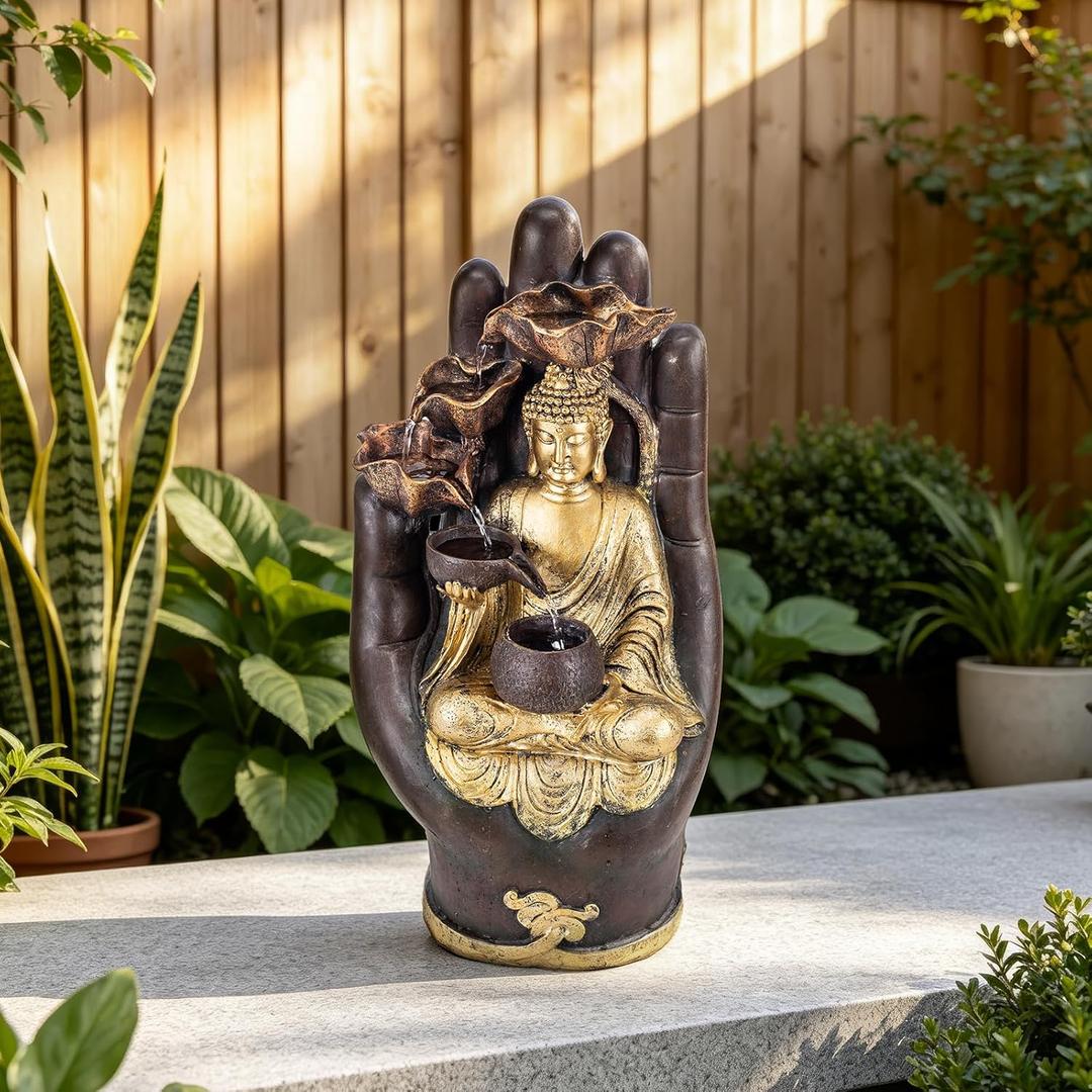 18.9" H Water Fountain Outdoor/Indoor, Garden Fountain with LED Lights, Rock Pottery Jar Waterfall Fountain for Patio Porch Yard Backyard Farmhouse