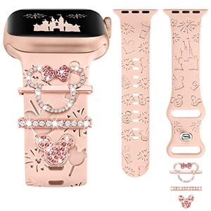 Girovo Band Charms Compatible with Apple Watch(Band Included) 41mm 40mm 38mm Women, Cartoon Engraved Strap+Decorative Rings Loops for iWatch Series 11 10 9 8 7 6 5 4 3 SE/Ultra 3 2 1(Pink)