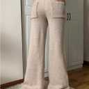 Verdusa Women's Straight Leg Pants Drawstring Waist Knitted Extra Long Trousers Fall Outfit Khaki Medium