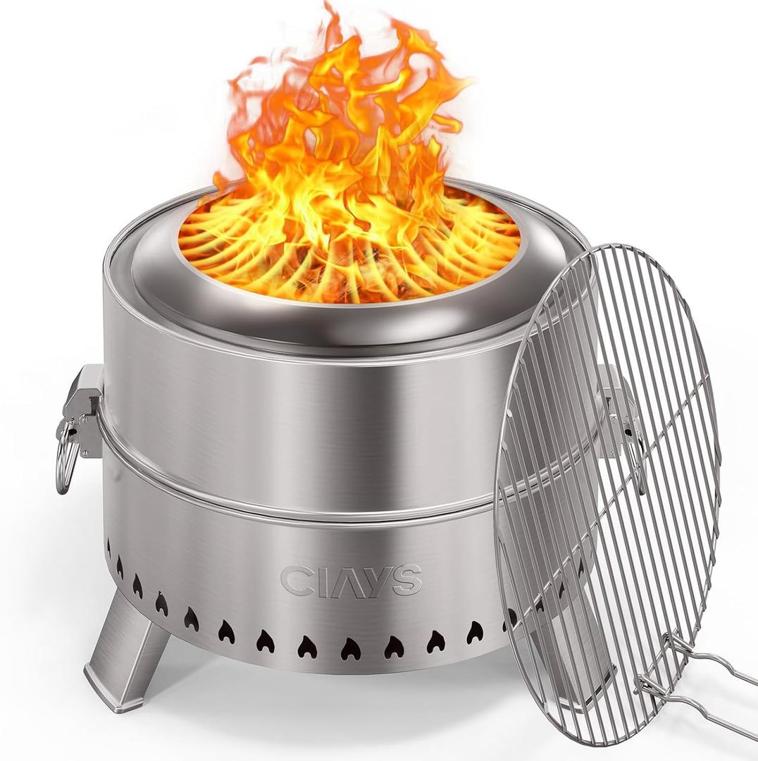 Ciays Smokeless Firepit, 17 inch Fire Pit for Camping with Patented Technology, Portable Fire Pit for Outside with Steel Grill Rack, Fire Poker, and Bag, Easy Setup and Storage, Wood Burning