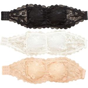 GORGLITTER Women's Lace Bandeau Bras Strapless Push Up Bras Floral Ruched Padded Wireless Bralette Pack Underwear (Medium, Black White Apricot)