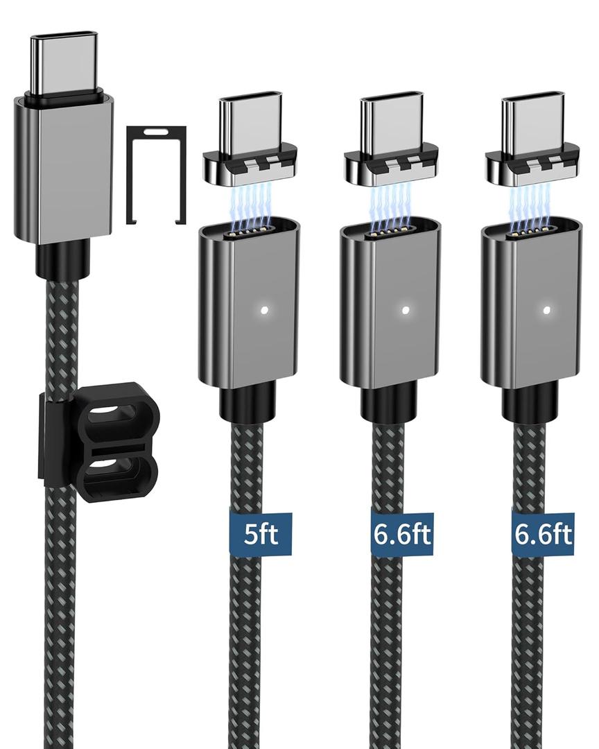 ZBF 100W USB C Magnetic Charging Cable,Magnetic Charger Cable for USB C to C(3 Pack, 5/6.6/6.6FT) 480Mbps Data Transfer, 5A Fast Charging for Phone 16 15 14,13 Pro Max,MacBook Pro Pad Galaxy S22