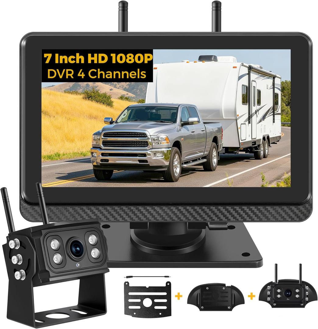 Wireless Backup Camera, RV Backup Camera with 7" HD Monitor, IP69K Waterproof IR Night Vision Back Up Camera Systems for Truck, 4 Channels Split Screen, Loop Recording for RV, Truck, Trailer, Camper