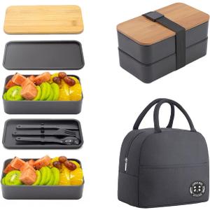 Bento Box Adult Lunch Box with lunch bag, Japanese Stackable Lunch Box Containers for Adult, Bento lunch Box with Dividers Black