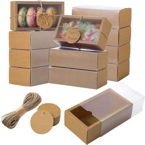 Roowest 50 Sets Kraft Gift Boxes Rectangle Kraft Paper Drawer Box with Window Homemade Soap Box with Blank Tags and Jute String for Jewelry Candy Wrapping Party Favor (Kraft Color, 6.3 x 3.5 x 2 Inch)
