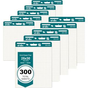 ViVin Grid Sticky Easel Pad, 25 x 30 Inches Flip Chart Paper for Teachers and Students, Large Self Stick Easel Paper for School & Office, 30 Sheets/Pad, 10 Pads/Pack