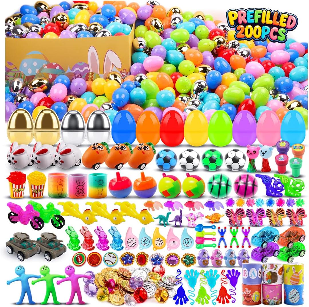 KissFuture 200 PCS Prefilled Easter Eggs with Toys Inside, Easter Eggs Filled for Egg Hunt, Easter Basket Stuffers for Kids, Easter Classroom Prizes, Easter Party Favors for Kids