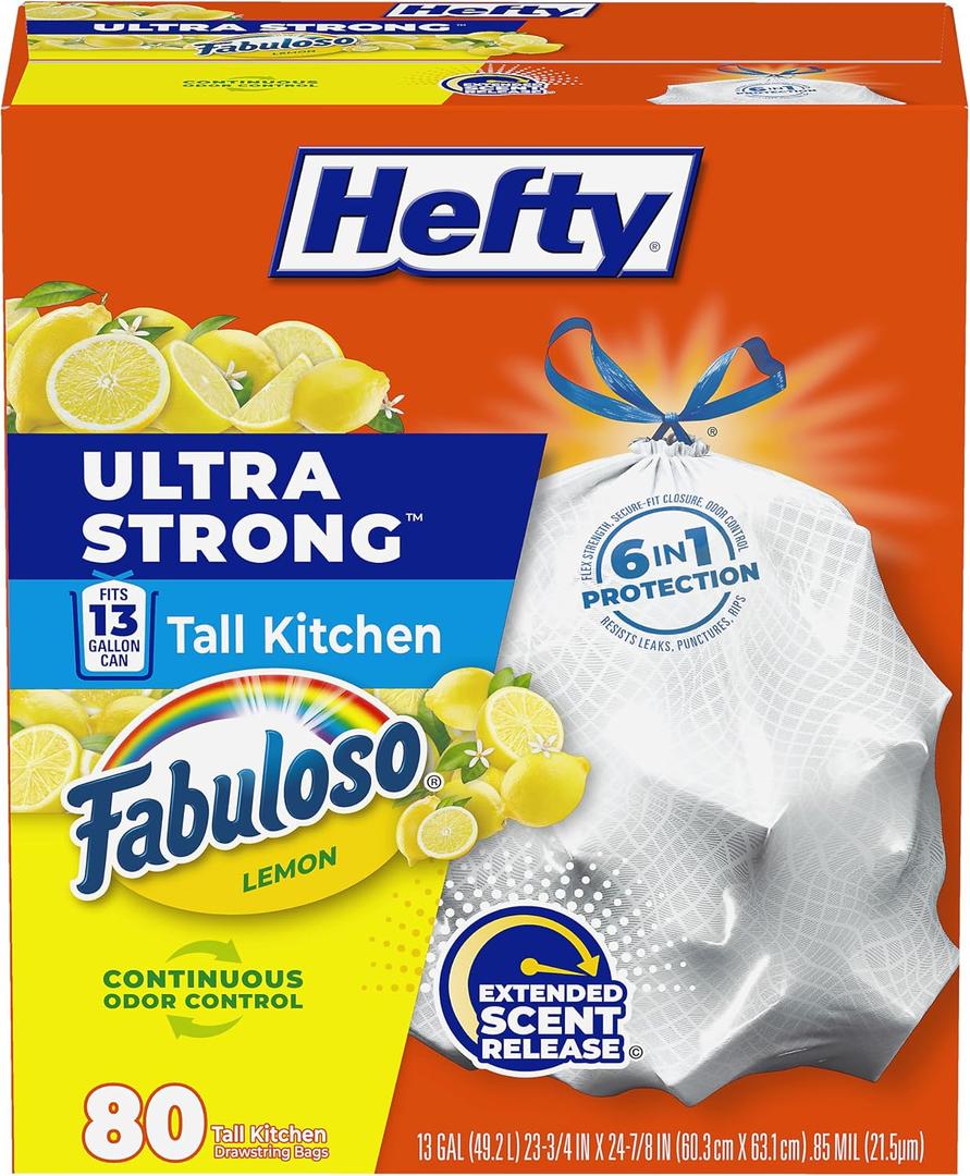 Hefty Ultra Strong 13 Gallon Trash Bags, Tall Kitchen Trash Bags 13 Gallon Size, Resist Leaks, Punctures, and Rips, Continuous Odor Control, White, Fabuloso Lemon Scent, 80 Bags