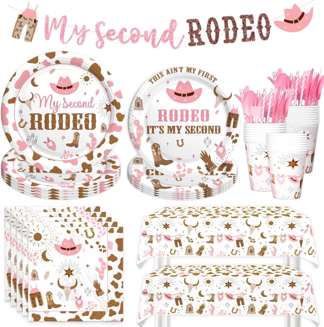 My 2nd Rodeo Birthday Supplies Tableware Set Girl, Western Cowgirl 2nd Birthday Decorations, My Second Banner Tablecloth Plates Napkins Forks for Wild West 2 Year Old Girl Serves 24 Guests
