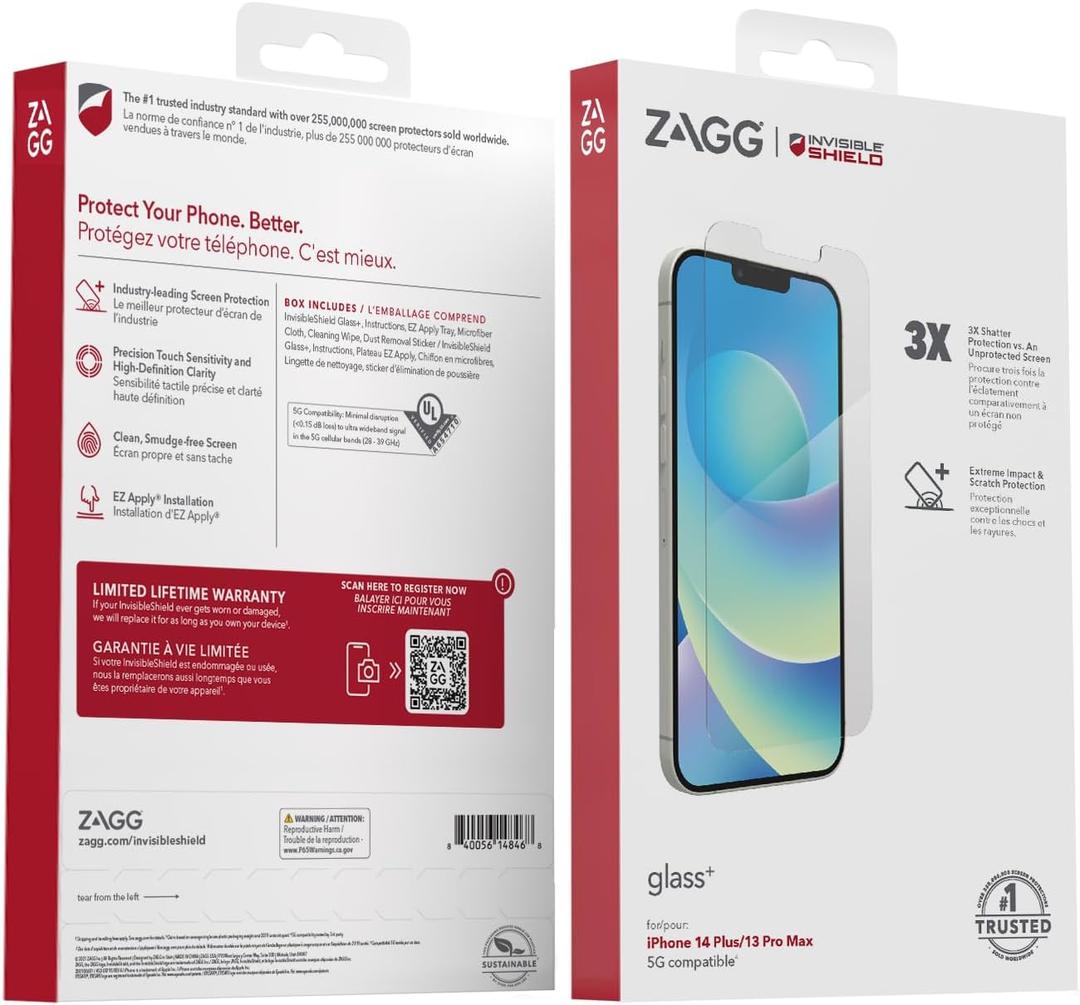 ZAGG Glass+ Screen Protector for iPhone 14 Plus/ 13 Pro Max - 3X Shatter Protection, High Scratch Resistance, Oil-Resistant, Reinforced Edges,InvisibleShield, Easy Install