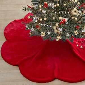 Baccessor Red Christmas Tree Skirt 48 Inch Scalloped Faux Fur Plush Soft Xmas Tree Skirt Large Tree Skirt for Christmas Home Decorations Holiday Party Ornaments Indoor Decor