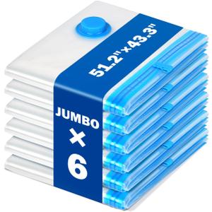 6 Pack Jumbo Extra Large 51.2 x 43.3 Vacuum Storage Bags for King Size Comforter Bedding Pillow, 5XL Vacuum Seal Bags Space Saver Reusable Heavy Duty for Coat Quilt Blanket Clothing