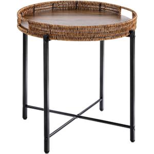 19in Round Rattan Side Table with Wooden TraySmall Round Wicker Wooden End TableRattan End Table for Indoor Use, Living Room, Bedroom, Office, Balcony-Brown