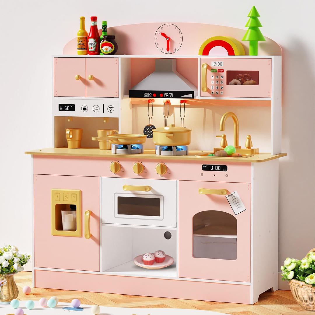Babytronic Wooden Play Kitchen Set, Pretend Play Kitchen with Lights and Sounds for Kids Ages 3+, Includes Stove, Oven, Microwave, Coffee Maker, and Accessories, Toy Kitchen Set for Toddlers (Pink)