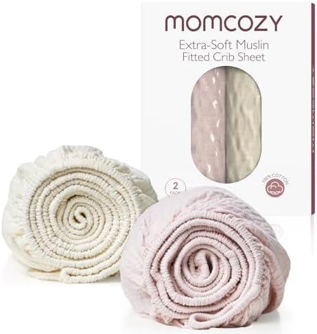 Momcozy Muslin Standard Fitted Crib Sheets, 52"x28", 2 Pack Soft Breathable Natural Cotton Baby Mattress Sheet, 360° Mattress Wrapping No Slip Boys Girls Neutral Toddler Bed Sheet, Beige Blush