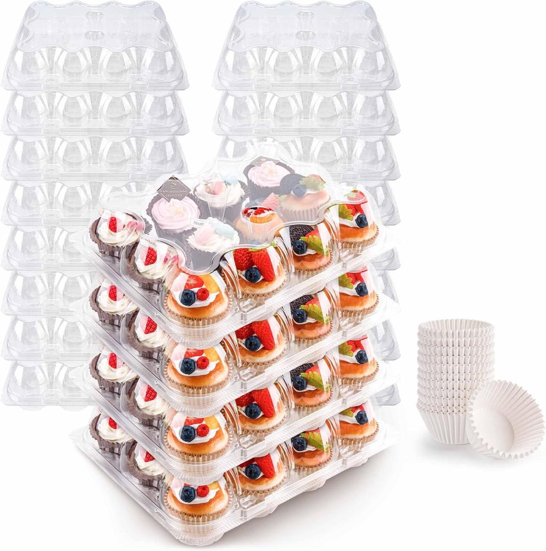 12 Count Cupcake Containers 12 Pack Cupcake Holders Plastic Stackable Cupcake Boxes with Detachable Tall Dome Lids and 144 Liners for 144 Cupcakes, BPA Free, Standard Size