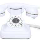 Retro Landline Phone 1960's Vintage Corded Dial Button Phone Classic Old Telephone Antique Phones with Redial Function for Home Office (White)