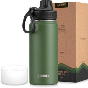Koodee Insulated Water Bottle, 18 oz Stainless Steel Double Wall Vacuum Wide Mouth Sport Bottle with Leakproof Spout Lid (Grass Green)