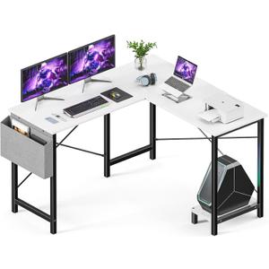 Sweetcrispy L Shaped Computer Desk - Gaming Corner 50 Inch PC White Writing Study Student Table with Wooden Desktop CPU Stand Side Bag Reversible for Home Office Room Small Space, White
