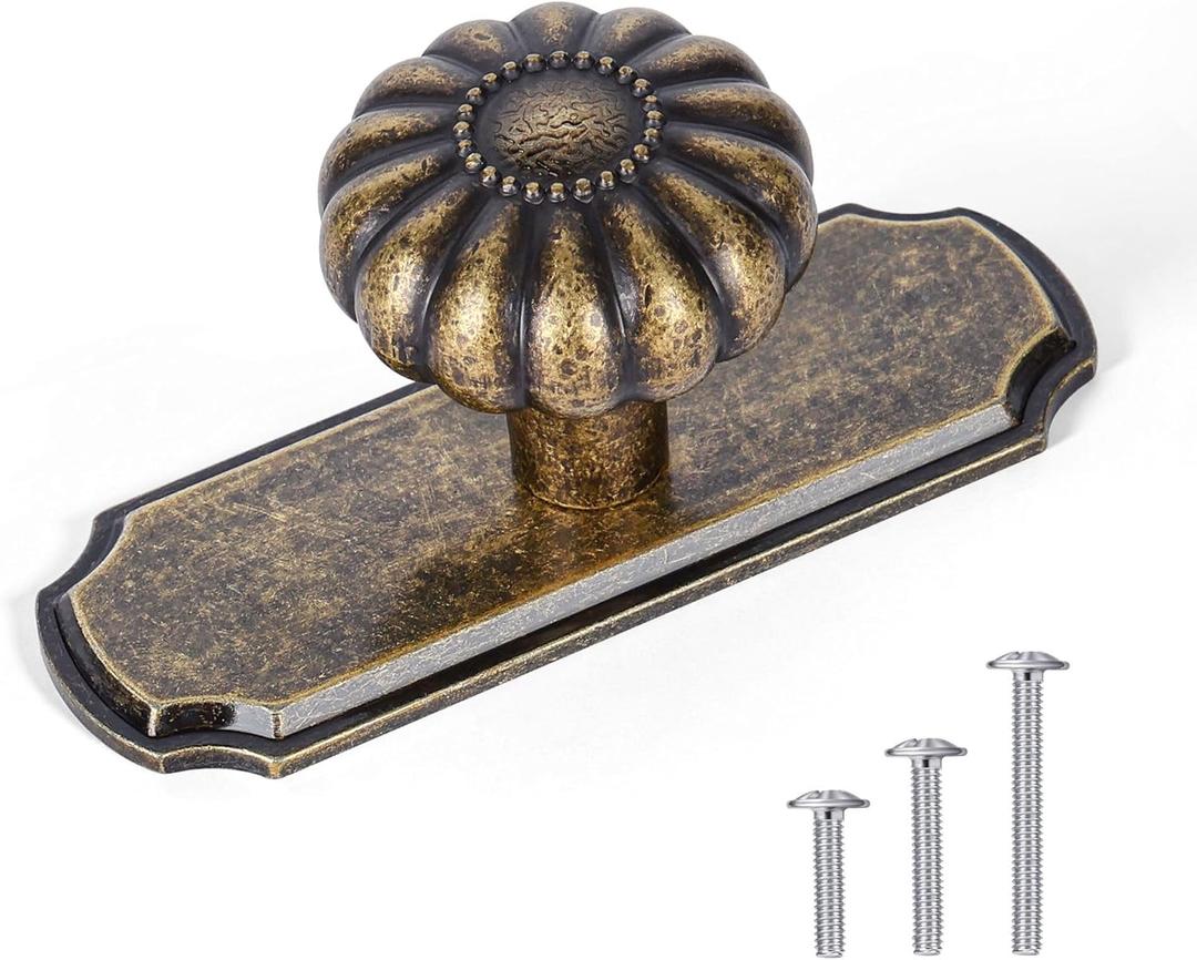 8 Pack Vintage Antique Brass Cabinet Knobs with Backplate, Drawer Pulls for Kitchen, Dresser Cabinet Hardware for Bedroom, 1-1/4 Inches Diameter Handles