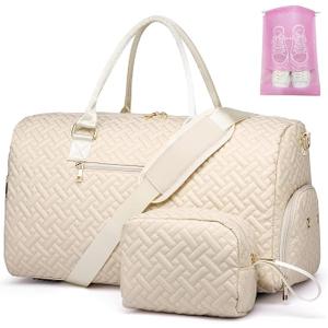 Travel Overnight Bag Weekender Bags - Duffle Bag Women with Shoe Compartment Carry On Overnight Bag with Toiletry Bag Duffel Bags with Wet Pocket for Gym Hospital Bags for Labor and Delivery Beige
