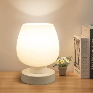 Touch Bedside Table Lamp - Modern Small Lamp for Bedroom Living Room Nightstand, Desk lamp with White Opal Glass Lamp Shade, Warm LED Bulb, 3 Way Dimmable, Simple Design (Non-USB)